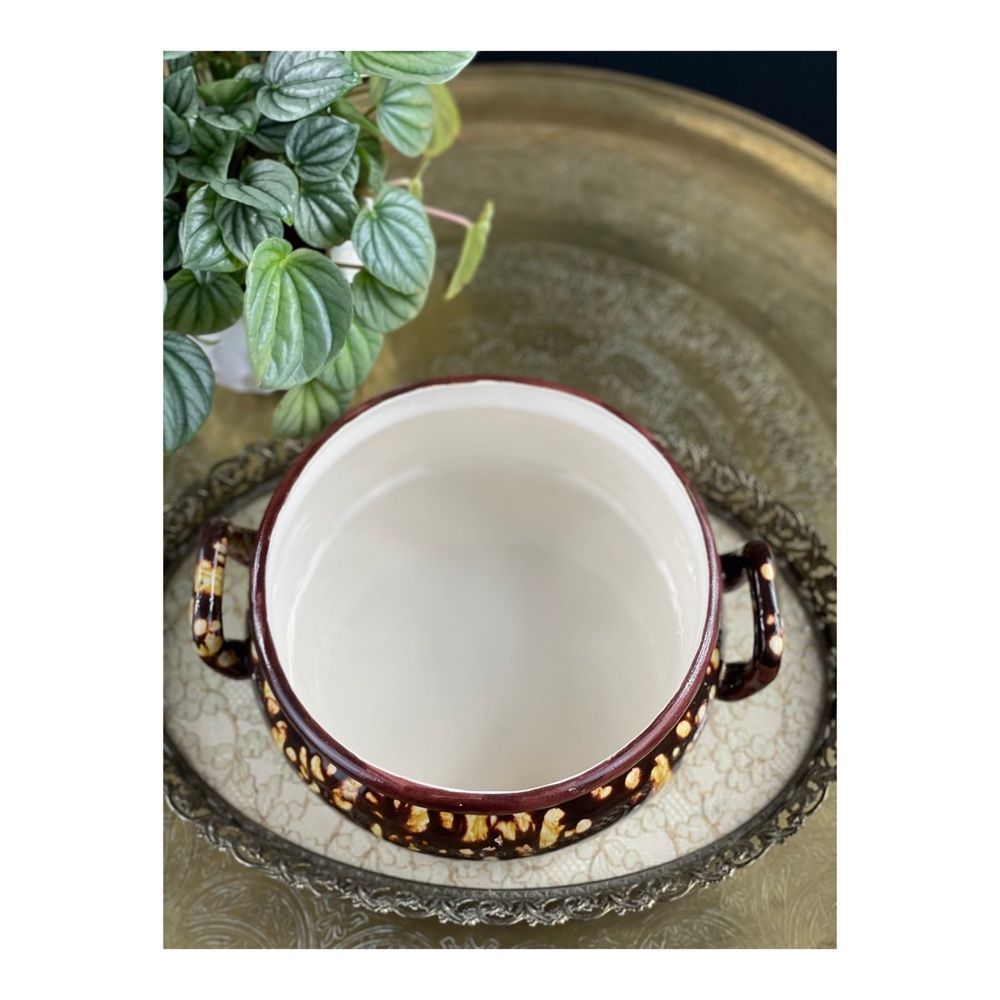 Vintage 70s Handcrafted Bean Pot With Lid Brown Tan Retro Decor Serveware - Picture 5 of 7